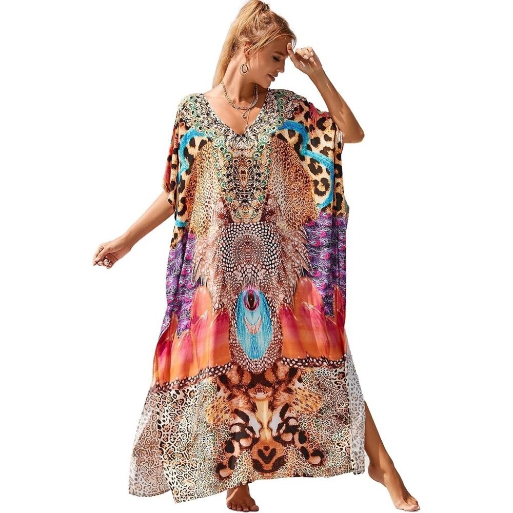 Women's 1 Khaki 100% Polyester V Neck Summer Beach Dresses Cover Ups Caftan Maxi